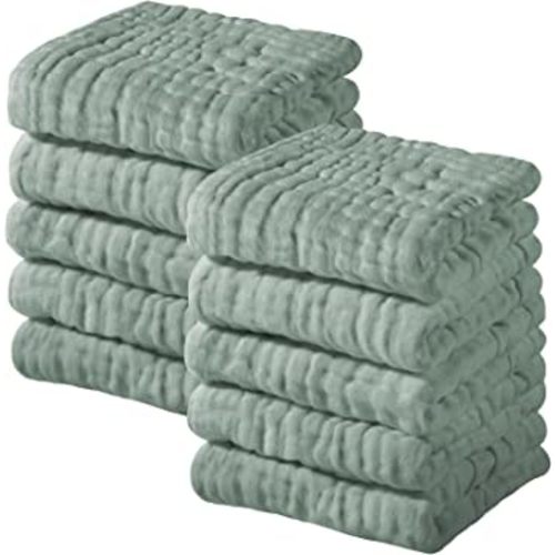 Yoofoss Muslin Baby Washcloths 100% Cotton Face Towels 10 Pack Wash Cloths for Baby 12x12in Soft and Absorbent Baby Wipes (Dark Green)