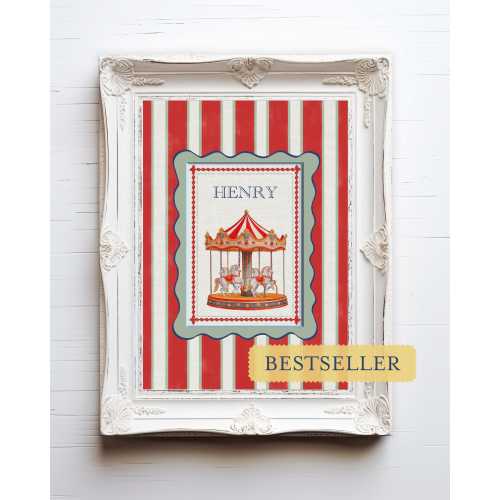 Vintage Carousel Horse Name Print – Personalized Sage Green Nursery Wall Art for Newborn – Custom Baby Shower Gift – Printable Download