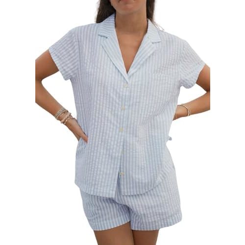 Womens Striped Pajama Set Cute Heart Pjs Sleepwear Short Sleeve Shirt and Shorts Set