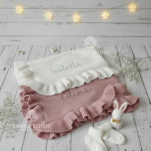Personalized Embroidered Knit Baby Blanket: Soft Cotton Ruffle Edge