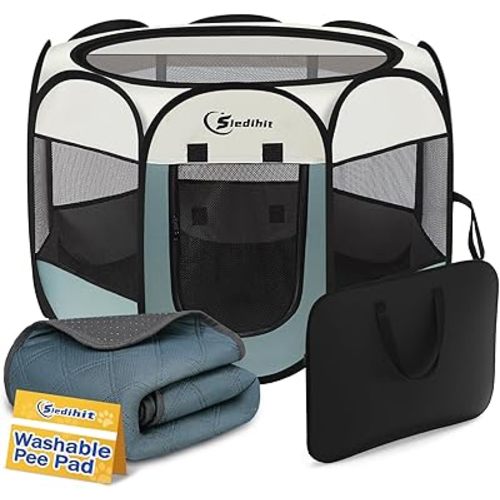 Dog Playpen with Washable Pee Pad, Puppy Pet Cat Playpen Small Dogs Tent Crate Indoor/Outdoor, Portable Pop Up Kennel with Carrying Case for Cats/Rabbits(Grey,Small with pad)