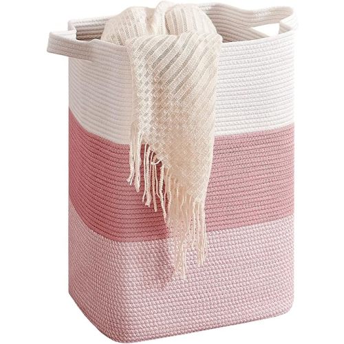 CLHMILY&Z 75L Laundry Basket Rectangular Pink Rope Basket - 16x13x22 Inches - Dirty Clothes Basket and Soft Storage Bin for Blankets, Toys, and Nursery Essentials