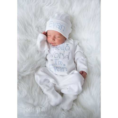 Baby Boy Coming Home Outfit Baby Boy Clothes Baby Boy Gift Personalized Baby Boy Outfit Hello World Outfit Baby Boy Convertible Sleeper