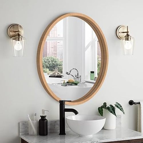 Wood Round Mirror 20" Circle Wall Mirror Farmhouse Bathroom Vanity Mirror for Living Room Bedroom Entryway Modern Decoration (20" Freely Natural Beech Wood)