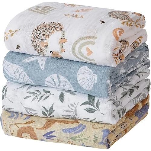 4 Set Muslin Swaddle Blankets for Newborn Baby Boys, Girls,Receiving Blankets-Cute Soft Print Baby Towel Wrap 120x110cm Baby (Animal)