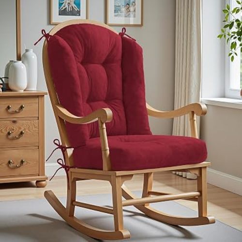 Wingback Rocking Chair cushion - Large Adirondack Chair Cushions, High-Density Sponge, Comfort Chenille Indoor Rocker Pads with Ties, 2 Pcs Sets Seat Cushion & Back Cushion, Ruby Red | Large Size