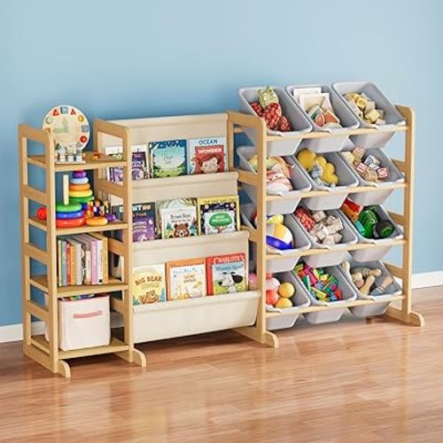 SpaceAid 3-in-1 Toy Storage Organizer with 4 Shelves and 12 Bins, Toy Organizers Storage 3-Tier Bookshelf, Kids Bin Shelf Box Bookcase for Bedroom Playroom Organization Room Decor, Neutral Gray