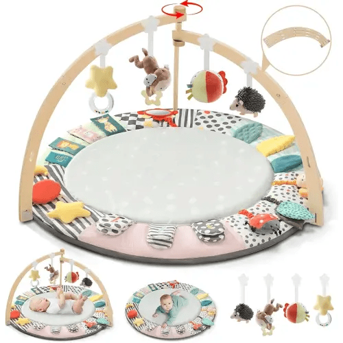 Baby Playmat Activity Gym, 6 Developmental Zones Tummy Time Mat, Foldable Wooden Baby Play Gym with 7 Detachable Sensory Toys for Newborn Brain Development, Essential Baby Shower Set
