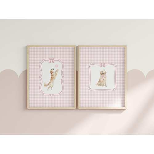 Golden Retriever Art Nursery Print Set of 2 | Pink Nursery Decor | Girl Room Decor Dog Art | Pink Gingham Coquette Wall Art Digital Download