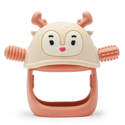Smily Mia Never Drop Reindeer Silicone Baby Chewing Toy for 3M+ Infants, Easy to Hold Teething Miteen with Soft Textures for Sensory Exploration and Teething Pain Relief-Nude