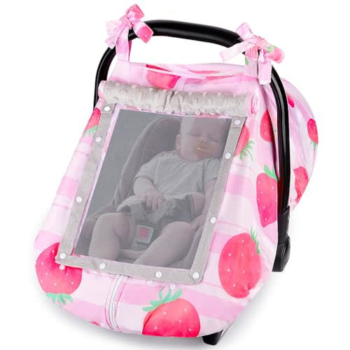FIOBEE Baby Car Seat Cover, Car Seat Covers for Babies Infant Car Seat Canopy with Breathable Mesh Window Waterproof Carseat Cover for Babies Boy Girl 4 Seasons