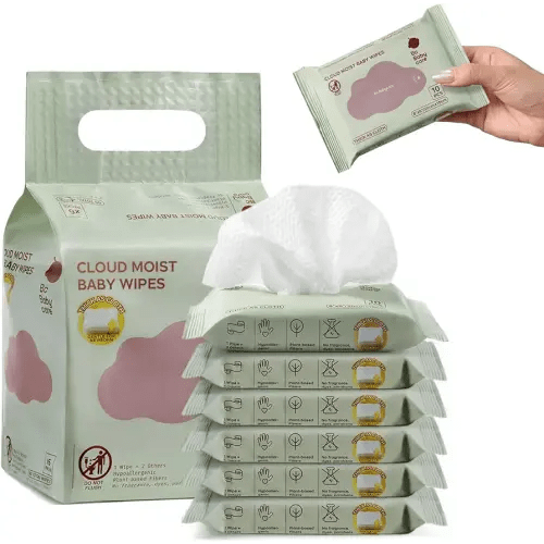 Bc Babycare Cloud Moist Baby Travel Wipes, 6 Pack, On The Go Pocket Size, Ultra Thick, 99% Water, Unscented, Hypoallergenic for Sensitive Skin, Biodegradable