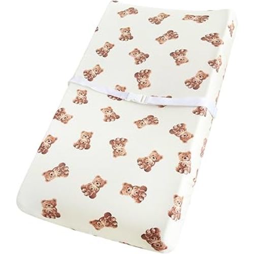 LifeTree Muslin Changing Pad Cover for Baby Girls Boys, 70% Viscose from Bamboo and 30% Cotton, 16"x32" Diaper Change Table Pad Covers, Soft Changing Pad Sheets, Bear Pattern