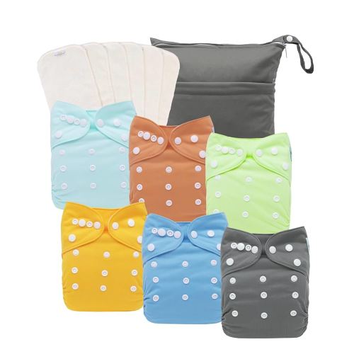 babygoal AWJ Cloth Diapers with Tummy Panel Pack of 13, 6 Diaper Cover with 6 Inserts and Wet Dry Bag, Adjustable Washable Reusable for Baby Girls and Boys