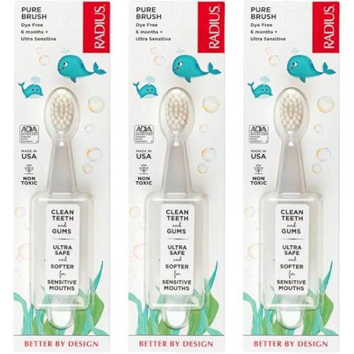 RADIUS Children's Toothbrush, Pure Brush, Ultra Soft Bristles, Clear, BPA Free & ADA Accepted, Designed for Delicate Teeth & Gums for Children 6 Months & Up, Pack of 3