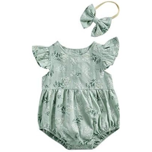 Newborn Baby Girl Romper Floral Ruffle Sleeveless Jumpsuit Cotton Bodysuit with Headband Summer Clothes Outfit