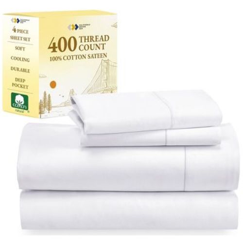 Cream White Queen Sheet Set - 100% Cotton Sateen Weave, 400 Thread Count Cooling Sheets, Deep Pocket 4 Piece Soft Bedding - California Design Den