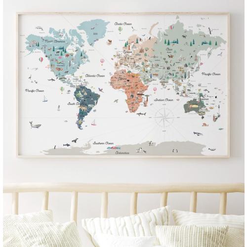 Educational World Map Art Print with Countries, Borders, and Landmarks | Scandi Neutrals | Kids Nursery Decor