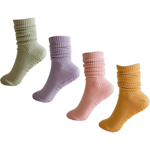 Pilates Grip Socks for Women,Yoga Slouchy Socks with Grips for Barre Workout-Long Scrunch Non Slip Socks