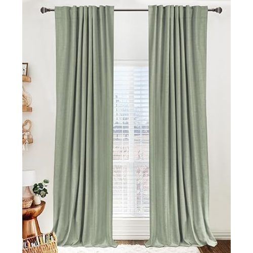 100% Blackout Shield Linen Blackout Curtains for Bedroom 96 Inches Long, Back Tab/Rod Pocket Living Room Drapes, Thermal Insulated Blackout Curtains 2 Panels Set, 50" W x 96" L, Sage