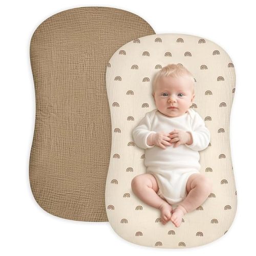 Hooyax Baby Lounger Cover 2 Pack - 100% Muslin Cotton Newborn Lounger Pillow Covers Only, Soft Breathable Infant Lounger Cover with Reinforced Stitching, Fits Most Standard Baby Loungers (Rainbow)
