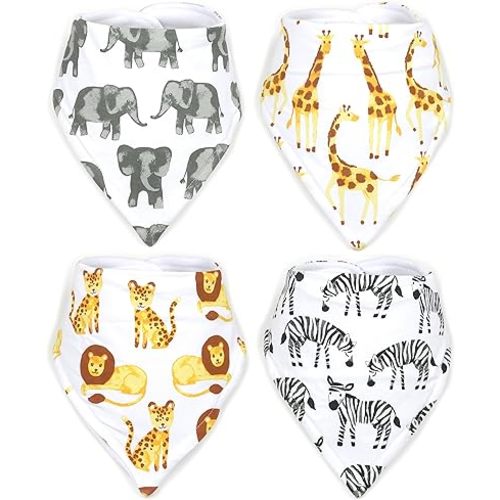 Baby 100% Cotton Bandana Drool Bibs for Drooling and Teething Nursery Burp Cloths 4 Pack Unisex Set for Girl and Boy – Safari Africa Jungle Animal Elephant Giraffe Lion Zebra