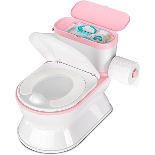 2-in-1 Toddler Potty Training Toilet - Larger Potty Chair & Detachable Training Seat for Boys & Girls Ages 1-3 with Flushing Sound, Wipes Storage, Toilet Paper Holder - Pink