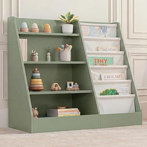 Comfy Cubs Kids Bookshelf 35.2 x 15.7 x 31.5 Inches - Sturdy MDF Montessori Book Shelf with Soft & Hard Shelves for Toys & Books - Child-Friendly, Easy Access Storage Organizer for Kids - Sage