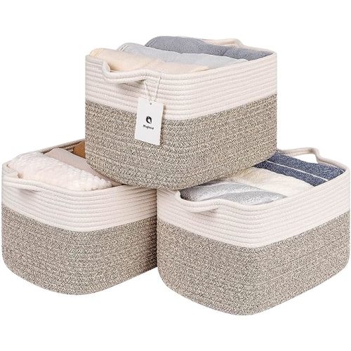 Large Woven Rectangle Basket With Handles for Shelves ,Toys Cotton Rope Cloth Storage Baskets for Organizing- Nursery Cube Bin,Decorative Storage Organizer Room, Bathroom(White/Brown 3bags)