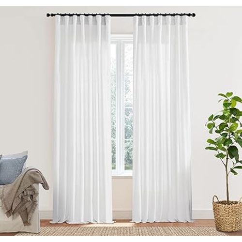XTMYI 2 Panels Cotton Linen Semi Sheer White Curtains 84 Inches Long,Boho Light Filtering Textured Farmhouse Curtains for Bedroom Living Room,Back Tab Hooks Pleated