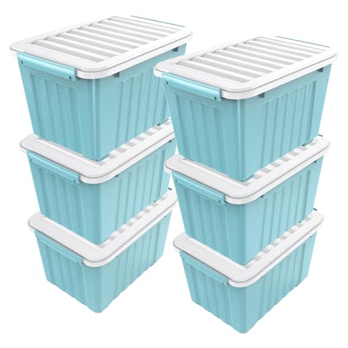Nazhura 72 Quart Plastic Storage Bin, Stackable and Nestable Storage Boxes with Lids and Secure Latching Buckles, Large Storage Container (Blue, 72Quart-6Pack)