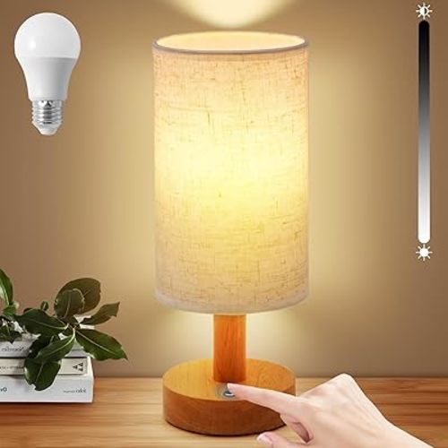 Cordless Table Lamp, 2200mAh Battery Operated Desk Lamp, Touch Bedside Lamps for Night Stands, Warm Light Mini Boho Lamp, Wood Base Round Flaxen Fabric Shade for Living Room,LED Bulb Included (Beige)