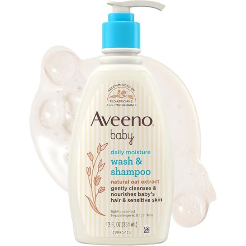 Aveeno Baby Daily Moisture Gentle Baby Body Wash and Shampoo with Oat Extract, 2-in-1 Baby Wash and Hair Shampoo, Tear-Free, Paraben-Free for Sensitive Skin and Hair, Lightly Scented, 12 Fl Oz