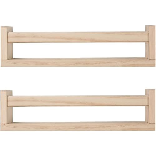 Nursery Floating Book Shelves for Kids Room, Kitchen Spice Rack, or Rustic Wall Mounted Shelves for Farmhouse Bathroom Decor (Natural Wood),Set of 2