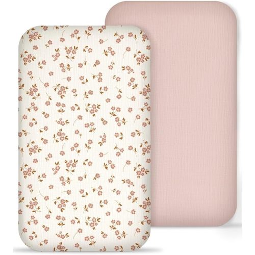 Muslin Bedside Bassinet Sheets 2 Pack, 33x20 Fitted Ultra Soft & Breathable Bedside Sleeper Sheets, Ideal for Baby Girl and Boy, Perfect for Newborns (Floral & Pink)