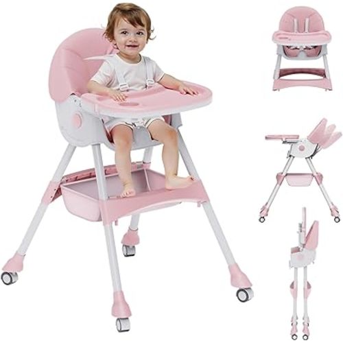 High Chairs for Babies and Toddlers, 4 in 1 Convertible Baby High Chair, Portable High Chair for Travel with Adjustable Height and Back, Foldable HighChair with Wheels& Pu Cushion