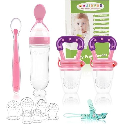 WAJIAYON Baby Fruit Feeder Pacifier | Infant Food Feeder Pacifier & Food Dispensing Spoon | Mesh Fresh Fruit Teethers for Babies | Silicone Feeder Baby Shower Gifts for Boys and Girls (Pink)