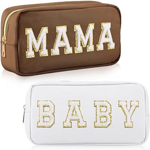Sanwuta 2 Pieces Nylon Cosmetic Bag Chenille Letter Makeup Bag Pouch Zipper Travel Toiletries Pouch Preppy Patch Cosmetic Travel Toiletry Bag for Women and Girls (Baby and Mama, Camel, White)