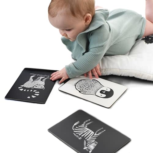 Wee Gallery Black and White Animal Art Cards for Babies, Durable High Contrast Vision Cards, Brain Development Educational Learning Tool for Newborn, Infant, Baby, Toddler - Black and White Animals