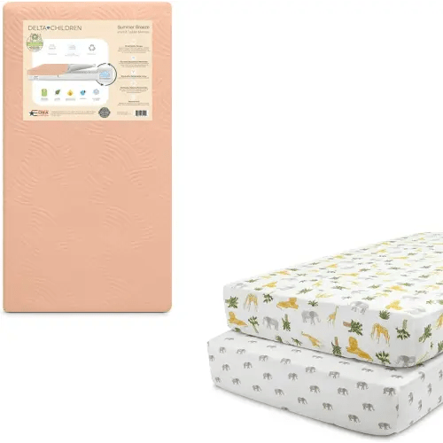 Delta Children Summer Breeze Mattress - Breathable Baby Crib & Toddler Mattress with Cloud Core + Delta Children Fitted Crib Sheets for Girls and Boys (Pack of 2), Safari Friends (Bundle)