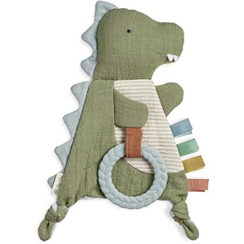 Itzy Ritzy - Bitzy Crinkle Sensory Toy Dinosaur with Crinkle Sound for Babies & Toddlers - Features Soft Braided Teething Ring & Textured Ribbons, Designed for Ages 0 Months and Up, Dinosaur