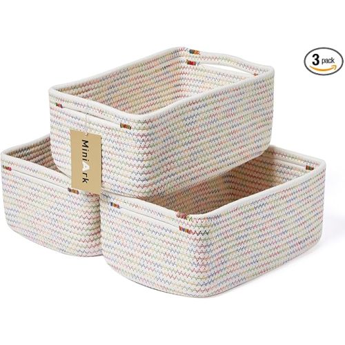 Small Storage Baskets for Organizing | Closet Organizer Bins | Shelf Toy Basket | Woven Rope Baskets | Cube Decorative Box | Shallow Basket | 13x8.5x5.1” | 3 Packs Rainbow