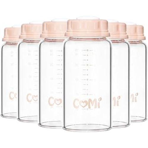 COMI Natural Glass Baby Bottle,Standard Neck Breastmilk Storage Bottle for Fridge,Breast Milk Container,Breast Pump Bottle Compatible with Medela Breast Pump,BPA Free,6PCS (5oz,6 Pink Lids)
