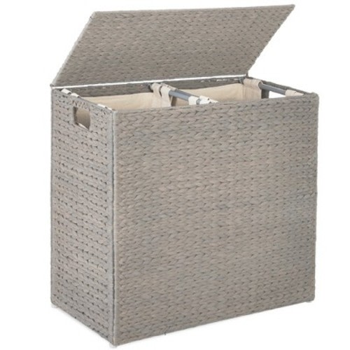 Best Choice Products Large Natural Water Hyacinth Double Laundry Hamper Basket w/ 2 Liner Bags, Handles - Gray