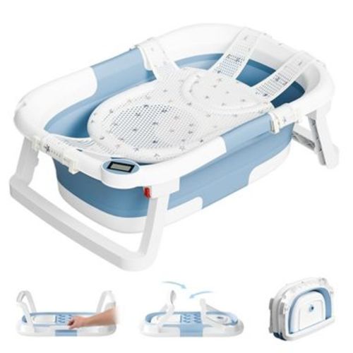 Napei Collapsible Baby Bathtub for Infants and Toddlers with Bath Net and Thermometer-Pale Blue