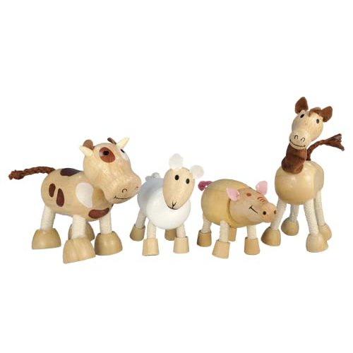 TEKOR Wooden Bendable Farm Animal Toys (Set of 4) | Ages 3 & Up | Early Education Toy Animals for Kids | Fun Montessori Toys | Smooth Natural Wood | Endless Play for Girls & Boys | Non-Toxic Paint |