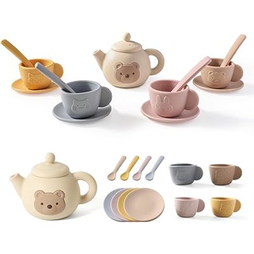 Tea Party Set for Little Girls 1-3 Kids Tea Set 14 Pcs with Silicone Teapot Cups Coasters Carrying Scoop, Kitchen Accessories Pretend Play for Girls Boys Age 3 4 5