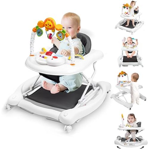 5-in-1 Baby Walker, Baby Walkers for Boys Girls 6-18 Months, Foldable Activity Walker, Toddler Infant Walker with Bouncer, Adjustable Height, Removable Footrest, Feeding Tray, Music