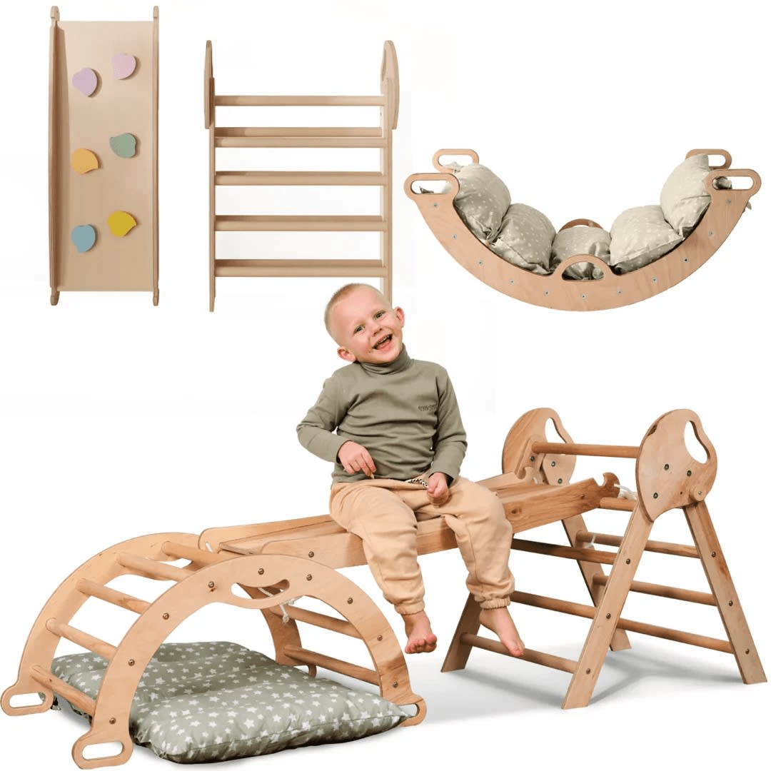 4in1 Montessori Climbing Set: Pikler Triangle, Arch, Slide Board, and