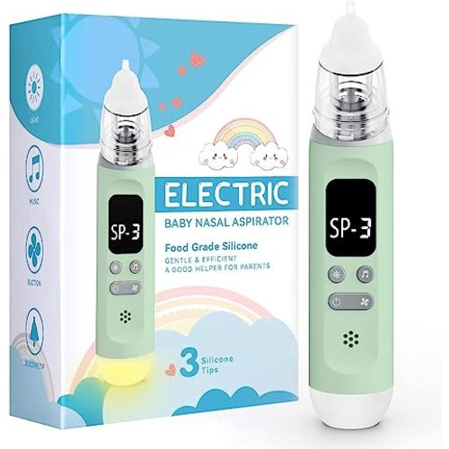 Nasal Aspirator for Baby, Electric Baby Nose Sucker with Adjustable 3 Levels Suction, Rechargeable Booger Sucker for Babies with 8 Light Modes and 3 Nursery Rhymes(Green)